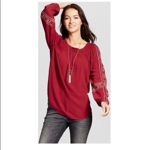 Burgundy Embroidered Sleeve Off-the-Shoulder Top
